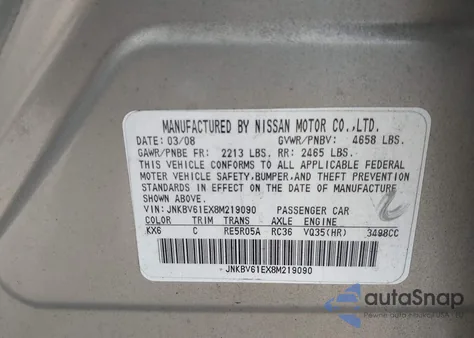 2008 Infiniti G35 Journey from USA, damaged, VIN JNKBV61EX8M219090